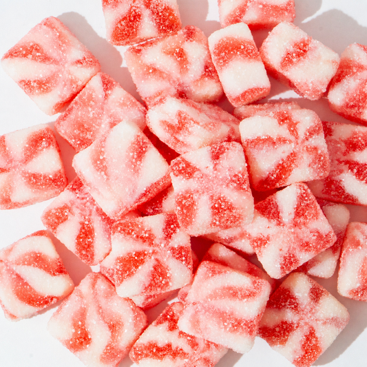 Custom Red & White Swirl Sour Gummy Cubes – Bulk Pack