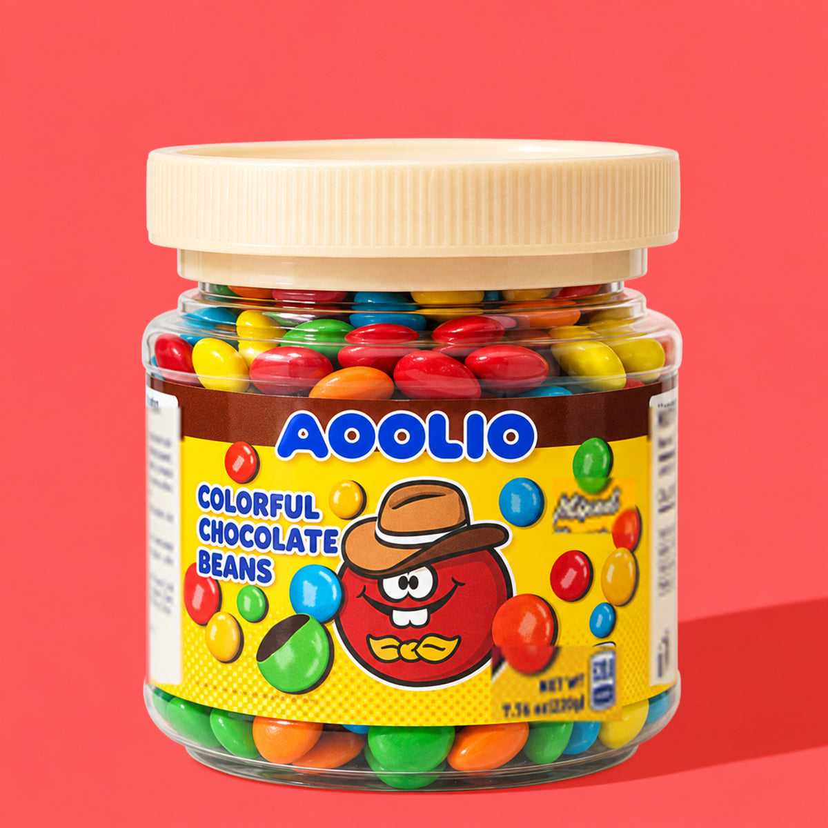 AOOLIO chocolate beans in a clear jar