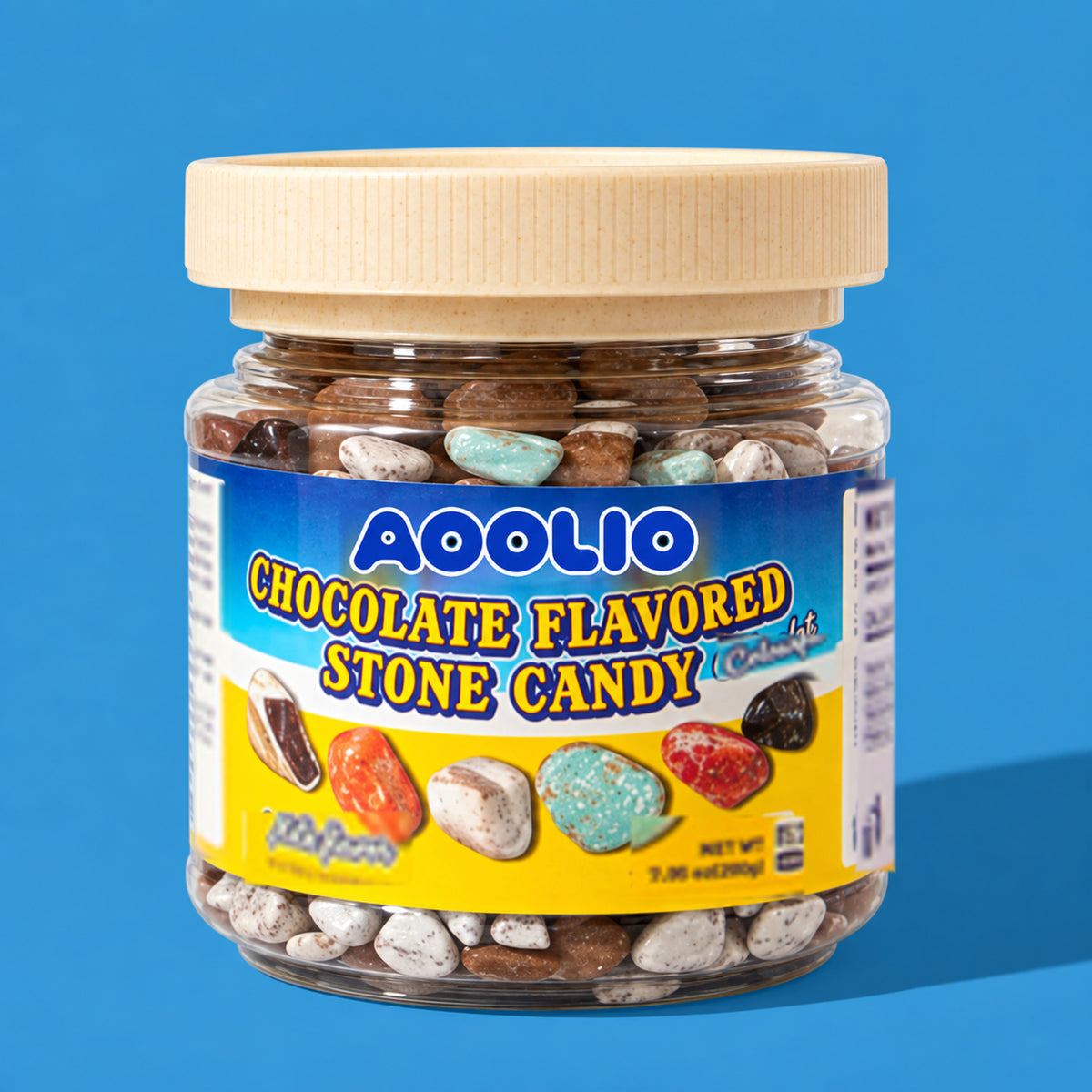 AOOLIO chocolate-flavored stone candy in a clear jar