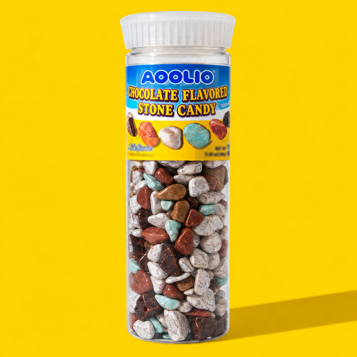 AOOLIO chocolate-flavored stone candy in a clear tall tube