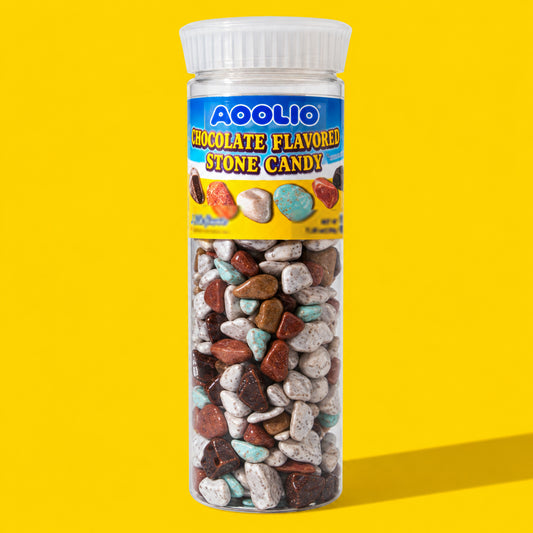 AOOLIO chocolate-flavored stone candy in a clear tall tube