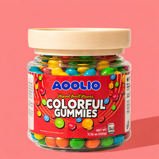 AOOLIO colorful gummies in a clear jar