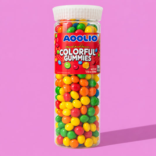 AOOLIO colorful gummies in a clear tall tube