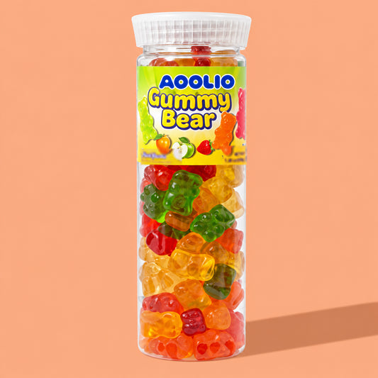 AOOLIO gummy bears in a clear tall tube