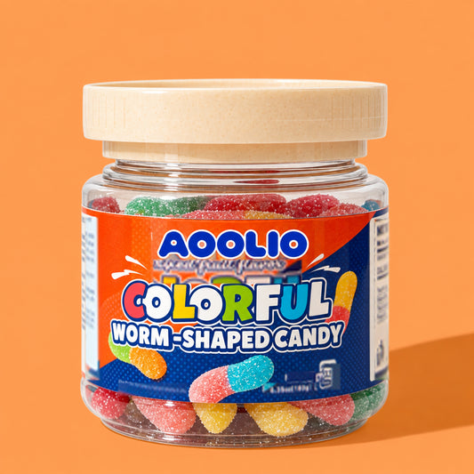 AOOLIO sour worm candy in a clear jar