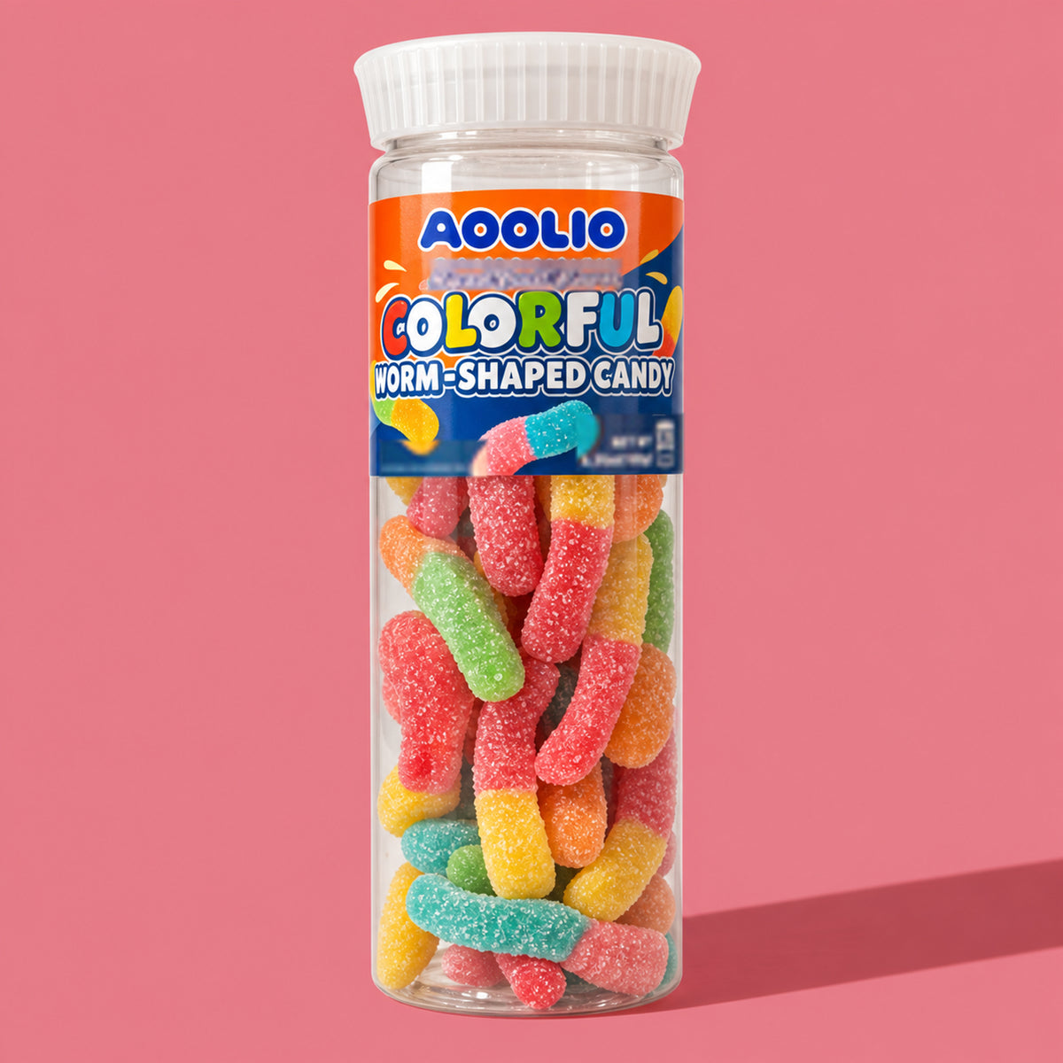 AOOLIO sour worm candy in a clear tall tube