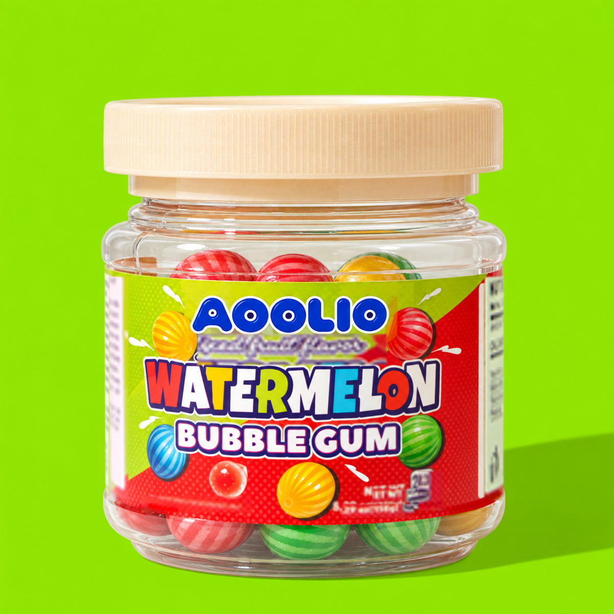 AOOLIO watermelon bubble gum in a clear jar
