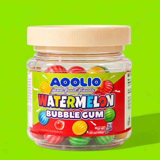 AOOLIO watermelon bubble gum in a clear jar
