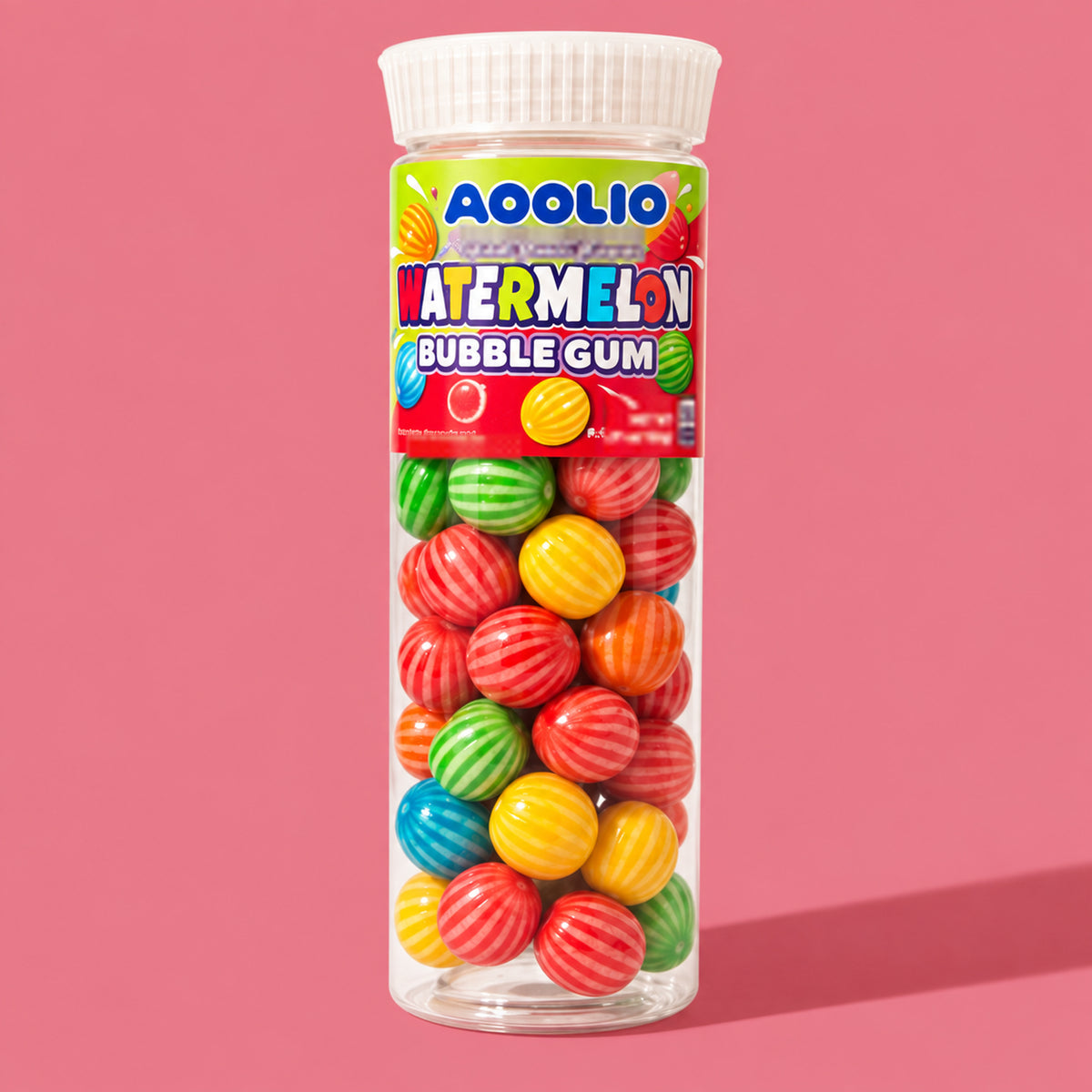 AOOLIO watermelon bubble gum in a clear tall tube