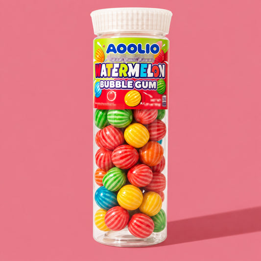 AOOLIO watermelon bubble gum in a clear tall tube
