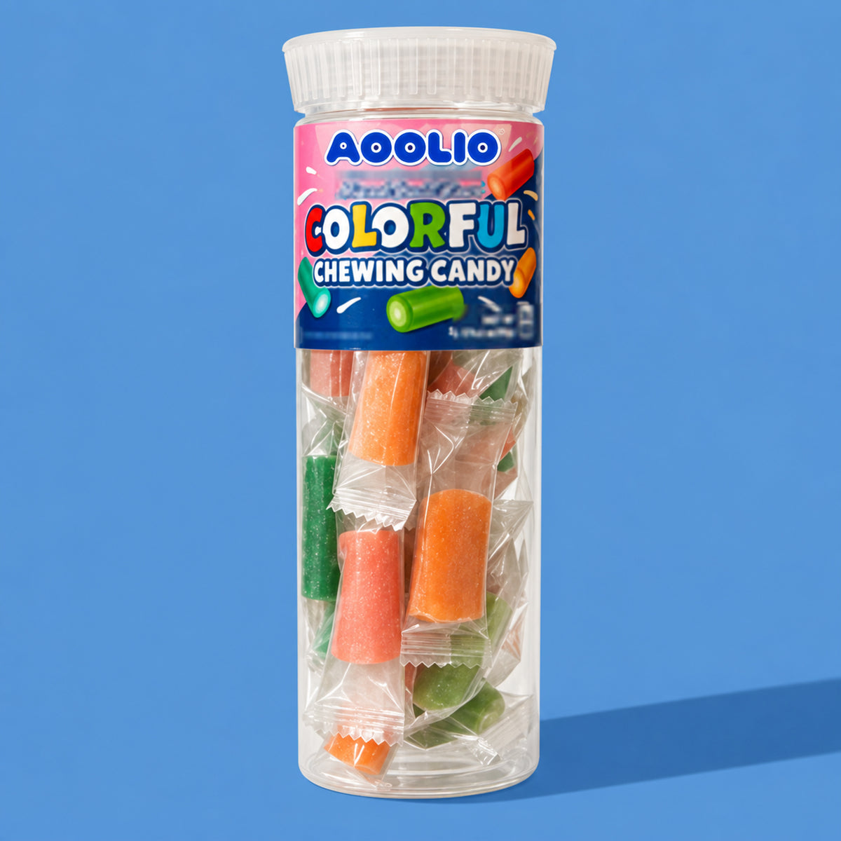 AOOLIO wrapped chewy candy in a clear tall tube